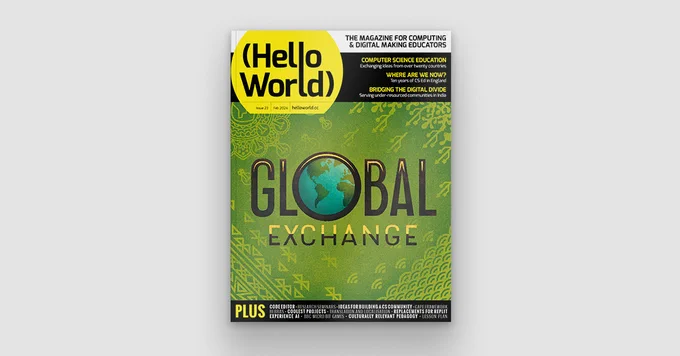 Photo of Hello World, issue 23. Text "Global Exchange" on the cover.
