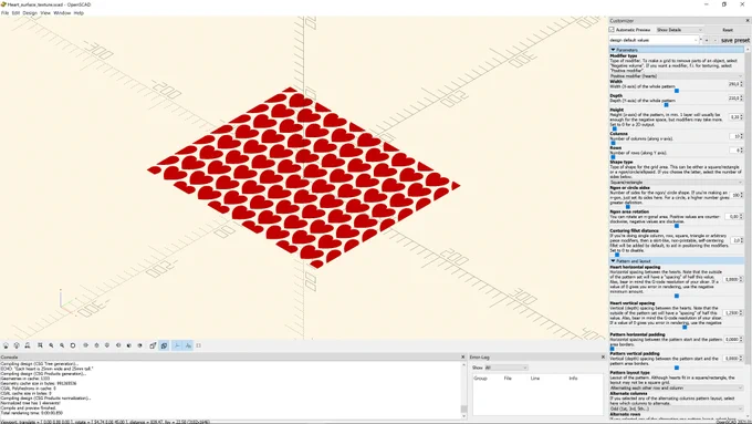 Working screen of the OpenSCAD file to generate the heart texture. A big set of alternating red hearts is shown.