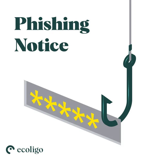 A fishing hook, hooking into a password entry field, with the text 'Phishing Notice' at the left top and the ecoligo logo at the left bottom.