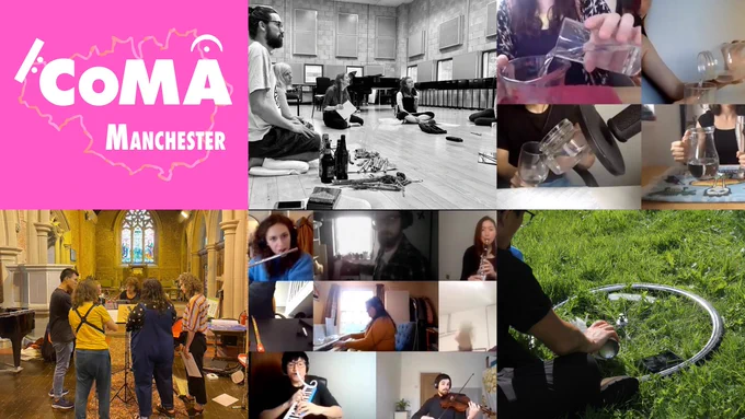 collage of CoMA Manchester recent activities, feat ensemble logo & pictures from Streaming Blue showcases in across Greater Manchester