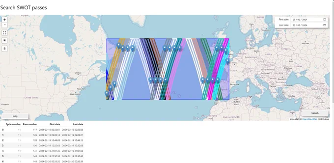 An example of the SWOT traces available in the North Atlantic from 19/02/2024 to 23/02/2034 produced with "Search SWOT passes". Credits: CNES - AVISO. 
