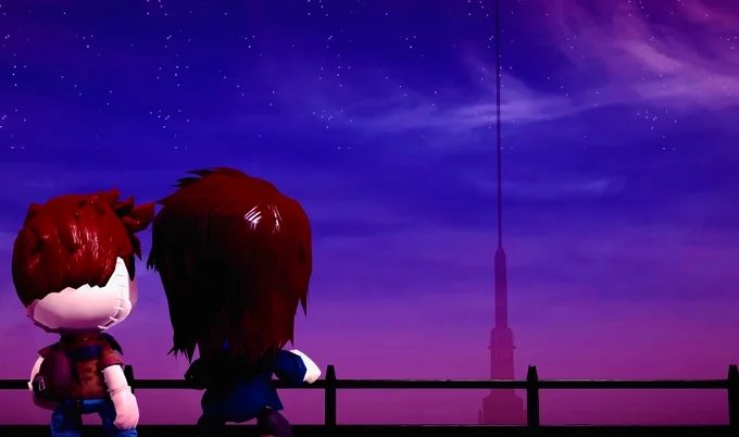 Apollo Venture and Michael Youngling look off the edge of a ship at sea at the distant space elevator at sunset. 