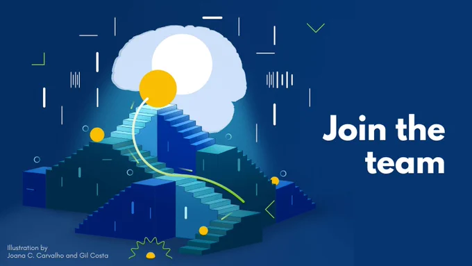 Staircases in multiple directions leading upward toward a brain with text overlaid "Join the team". Illustration by Joana C. Carvalho and Gil Costa