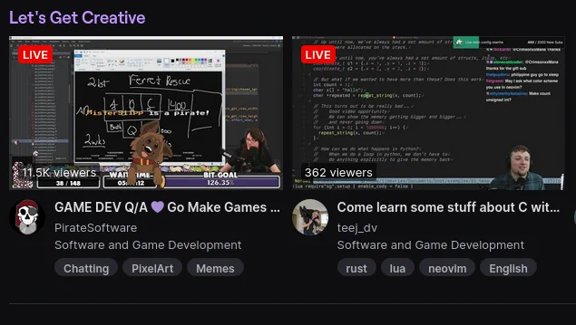 "Let's Get Creative" section with #1 being Pirate Software and #2 being Teej