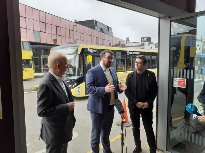 Mayor of Greater Manchester, Andy Burnham provided the update at Bury Interchange alongside Transport Commissioner, Vernon Everitt and Leader of Bury Council, Cllr Eamonn O’Brien addressing the media