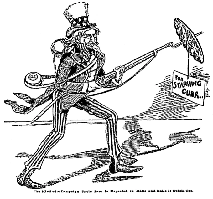 A black and white political cartoon. Uncle Sam holds a rifle with a loaf of bread stuck to the end. A tag hangs off the bread reading "FOR STARVING CUBA." A caption reads "The Kind of a Campaign Uncle Sam is Expected to Make and Make it Quick, Too."