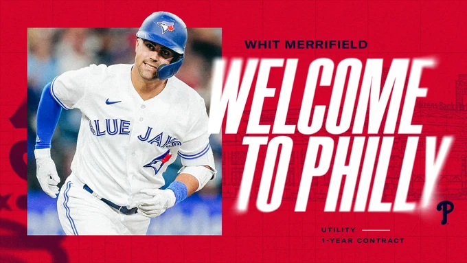 Red graphic depicting a photo of Whit Merrifield with his name written in text above large white text reading "Welcome To Philly". There is a navy Phillies P logo in the bottom right corner and text reading "Utility" and "1-Year Contract" below the Welcome To Philly messaging.