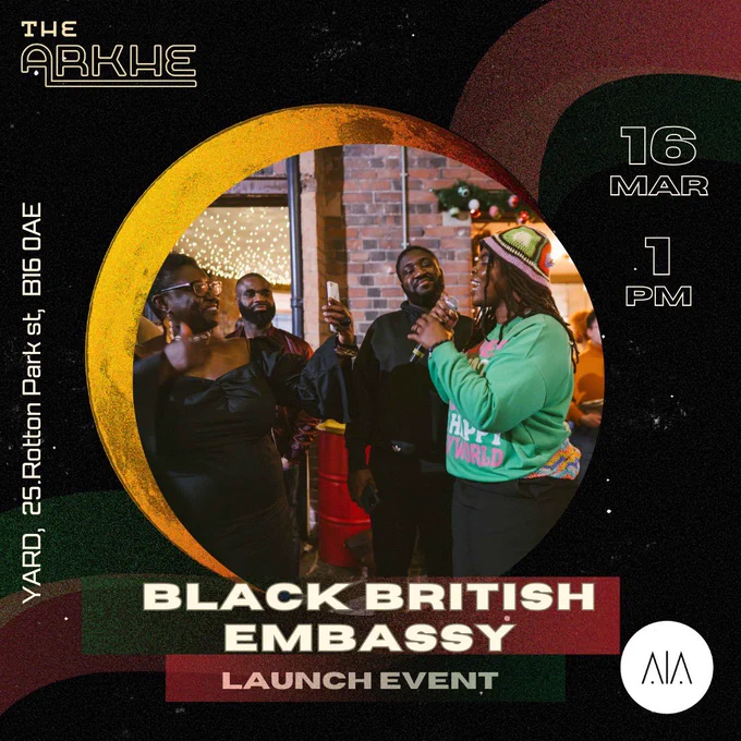 A futuristic design with red, black, green and grey colour scheme. A moon encircles an image of a group of Black folks celebrating and dancing together, full of joy. 

The text reads: “BLACK BRITISH EMBASSY LAUNCH EVENT, 16th March, 1pm, YARD - 25 Rotton Park st, Birmingham, B160AE.”
