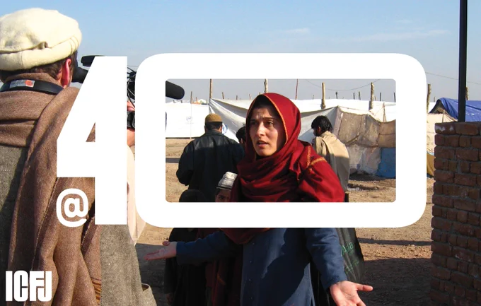 Photo of Sharmeen Obaid-Chinoy with ICFJ @ 40 logo over top