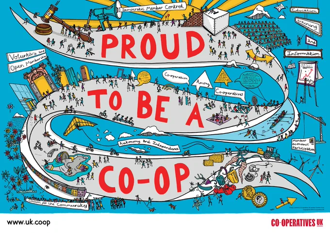 a cartoon image of many people working together with text that says Proud to be a Co-op