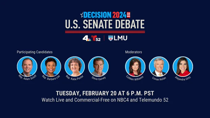 Graphic announcing the next U.S. Senate debate with images of the four candidates and three moderators. The debate will take place on Tuesday, February 20 at 6 p.m. and will be broadcast live and commercial-free on NBC4 and Telemundo 52.