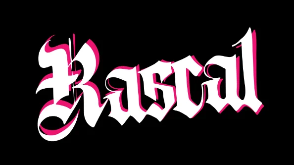 The rascal logo (a DIY, punky old school renaissance style typelogo) in pink and white on a black background
