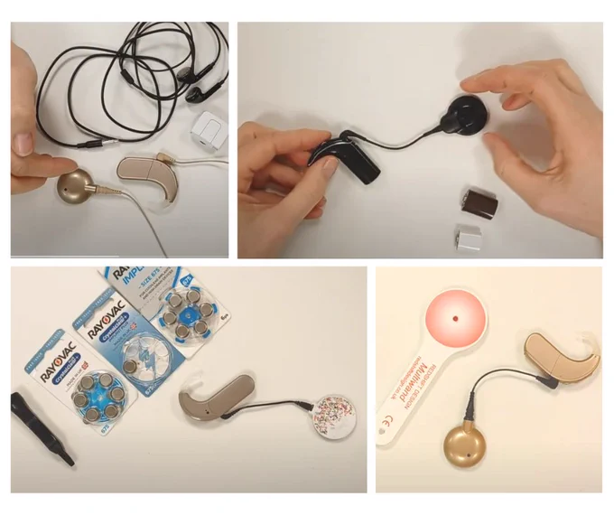 A collage of images showing various cochlear implant devices and changing the batteries