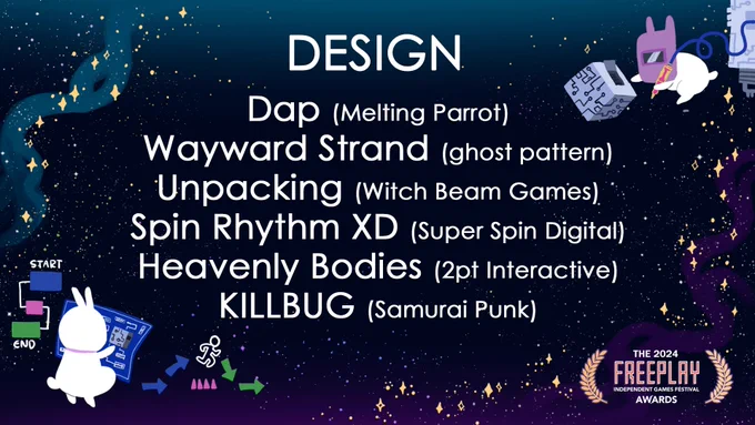 FREEPLAY AWARDS: DESIGN
Dap (Melting Parrot)
Wayward Strand (ghost pattern)
Unpacking (Witch Beam Games)
Spin Rhythm XD (Super Spin Digital)
Heavenly Bodies (2pt Interactive)
KILLBUG (Samurai Punk)

The design is of two space bunnies working on flowcharts and soldering computer boards.