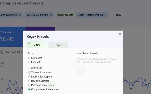 A screenshot of a modal in search console, showing a number of regex presets users can choose from 