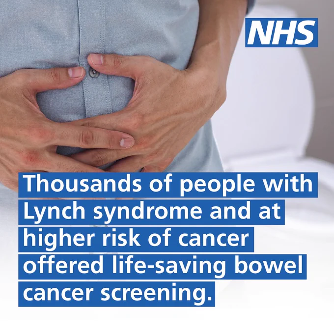 Text: Thousands of people with Lynch syndrome and at higher risk of cancer offered life-saving bowel cancer screening. Image: A man is clutching his belly while standing in front of a toilet. The NHS logo is in the top right. 