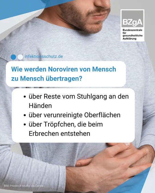 Ein Mann hält sich den Bauch, ihm ist übel. Der Text fragt "Wie werden Noroviren von Mensch zu Mensch übertragen?" Die Infobox sagt "Über Reste vom Stuhlgang an den Händen, über verunreinigte Oberflächen und über Tröpfchen, die beim Erbrechen entstehen". 