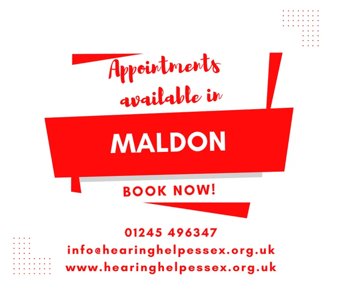 Red banner with Maldon in the middle on a white background showing Hearing Help Essex's contact information.