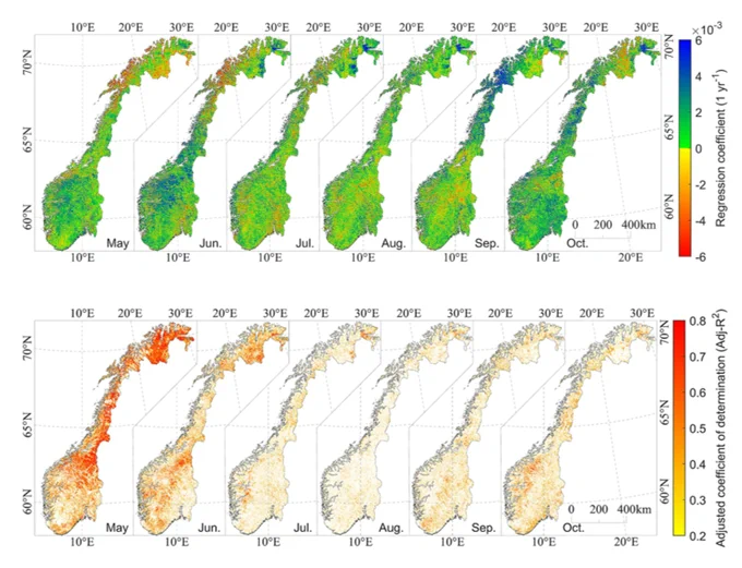 Linear trends of EVI (Enhanced vegetation index) from May to October in the 2003–2021.
Spatial distribution of adjusted coefficients of determination of the linear additive model between MODIS EVI and climatic and large ungulate factors for the period 2003–2021. 