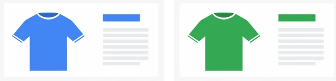 A symbolized image of two product variants: a blue and a green t-shirt