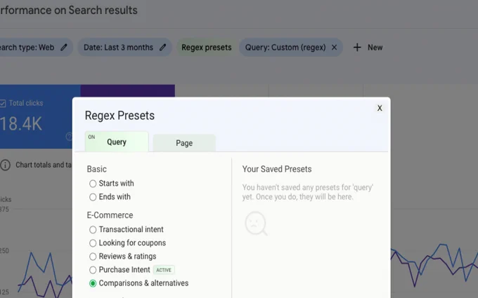 a screenshot of the chrome extension in action - a modal showing the different presets available