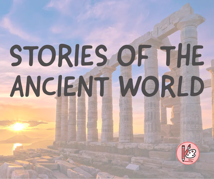 Stories of the Ancient World text on a background featuring ancient ruins backlit by a sunset