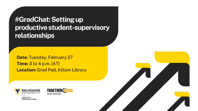 Two bubbles with the following text layered over top:

#GradChat: Setting up productive student-supervisory relationships 
Date: Tuesday, February 27
Time: 3 to 4 p.m. (AT)
Location: Grad Pad, Killam Library 