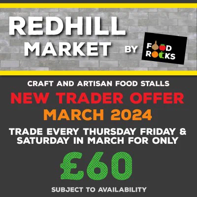 Word-based image outlining the offer being made by Food Rocks to new market traders in Redhill as outlined in the text of the post