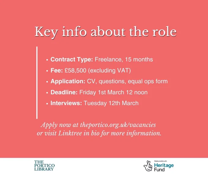 Key info about the Portico Library Project Manager role:
This contract type is freelance, for 15 months.

The fee is £58,500 (excluding VAT). 

To apply you have to submit your CV, answer some questions, and fill in an equal ops form. 

The  deadline to apply is Friday 1 Mar 2024, 12 noon.

And interviews are on Tue 12 March.