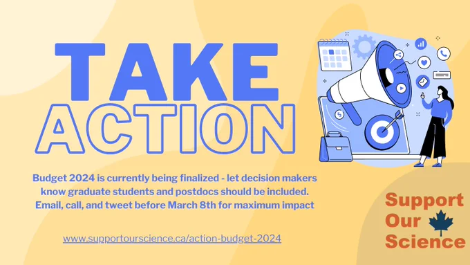 Blue text on a yellow background that says "take action" and "budget 2024 is currently being finaized - let decision makers know grad students and postdocs should be included. Email, call, and tweet before March 8th for maximum impact"