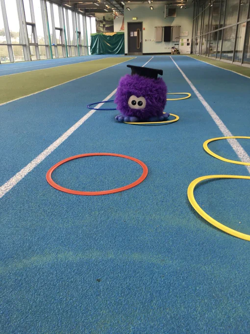 The Access UCC PLUS Programme mascot Professor Fluffy, a purple, fur bodied spherical mascot, with dark blue clawed feet and conjoined googly eyes wearing a graduation cap is stood in a hoola hoop on an indoor running track. The running track is blue with white dividing lines. There are blue, yellow and red hoola hoops jotted around Mr. Fluffy. 
