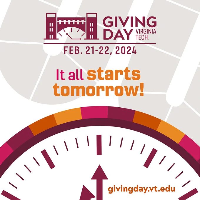 A Giving Day graphic shows a large clock with an orange, maroon, and pink border. It reads "It all starts tomorrow!" and features a logo with the dates Feb. 21-22. 