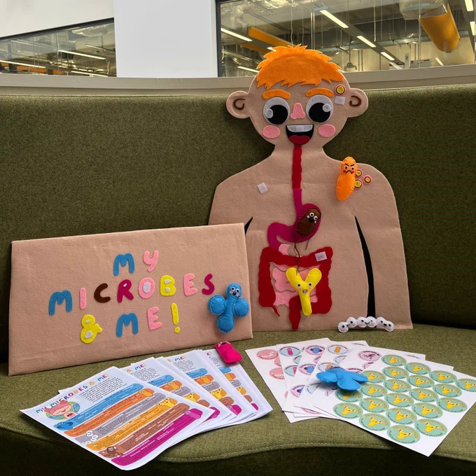 A person made out of felt, which includes their digestive system and microbes is leaning against a seat. Next to it is an envelope with the letters "My microbes and me!" and in front a variety of stickers and information sheet.