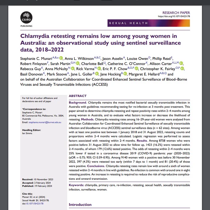 Screenshot of paper with title "Chlamydia retesting remains low among young women in Australia: an observational study using sentinel surveillance data, 2018–2022"
In top left hand corner is CSIRO publishing logo and the top right is a muti-coloured banner transitioning from purple to yellow with the word sexual health in caps.
The screenshot shows the authors and abstract (available in hyperlink) and Stephanie Munari as the corresponding author.
