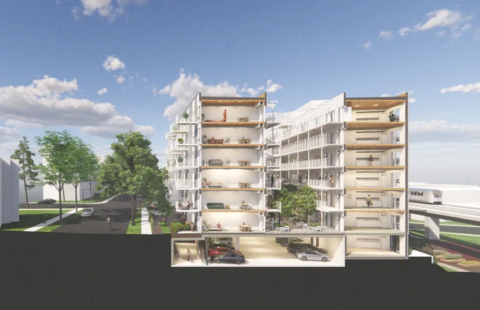 The image shows a rendered version of the development at a side view where the walls are removed to see the layout of the building. Seven storeys are shown including an underground parkade. There are blue skies above the building, a tree lined street on the left, and the SkyTrain tracks on the right.