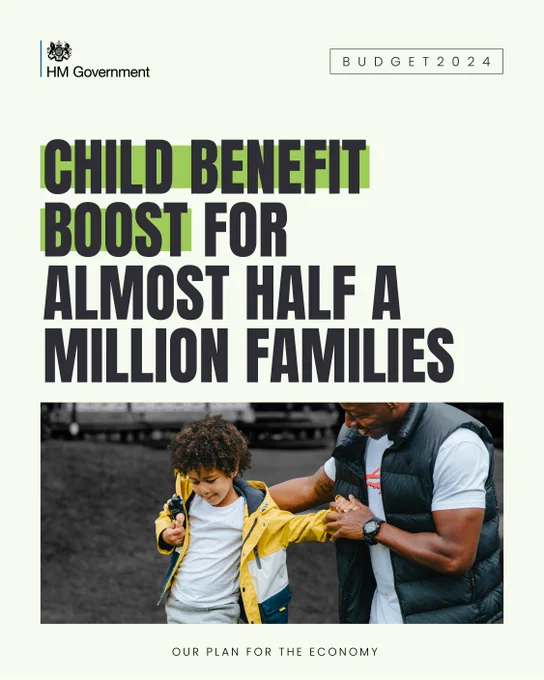 Text: Child benefit boost for almost half a million families – our plan for the economy
Imagery: An adult helping a child in a yellow coat
