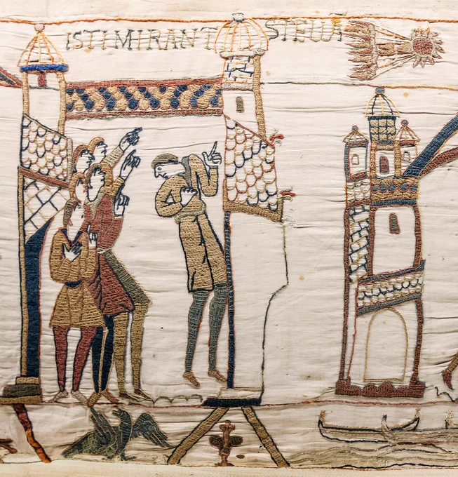 Comet Halley, in its 1066 appearance, is shown in the Bayeux Tapestry. The tapestry, a long, narrow strip of coarse linen (70 metres by 51 centimetres), is displayed in a special museum in Bayeux, Normandie (France).