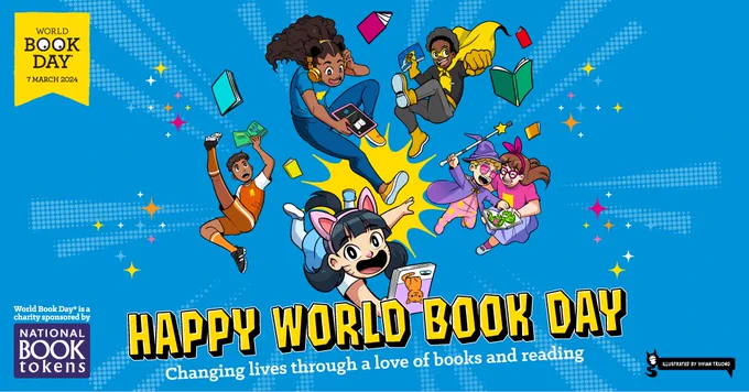 Illustrations of children flying around and holding books. Text says 'Happy World Book Day. Changing loves through a love of books and reading'.
