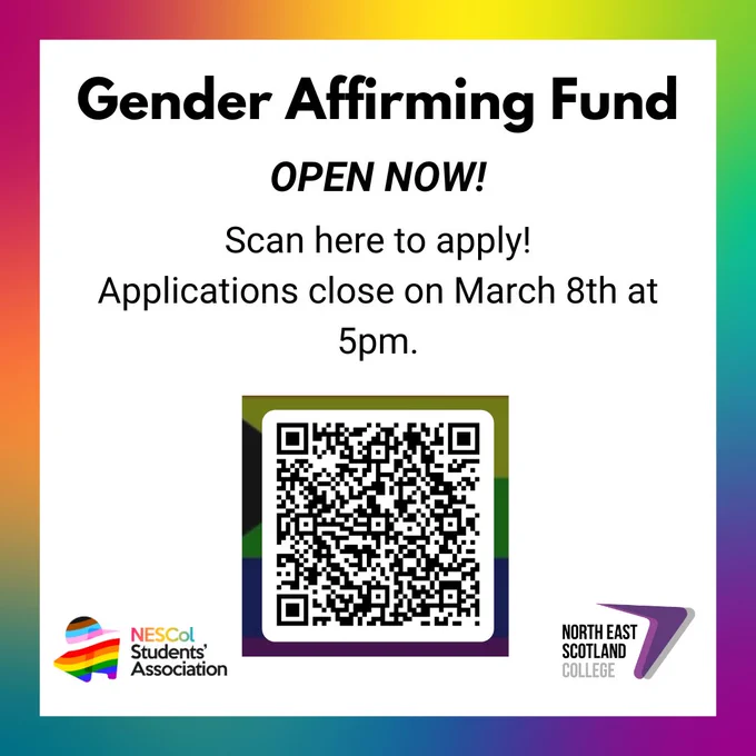 Scan here to apply: Gender affirming fund. Scan here to apply: https://forms.office.com/e/jAedy8CrZf

Applications close on March 8th at 5pm.
