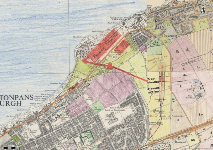 detail of Cockenzie power station, from Land Use Survey of Scotland, 1970