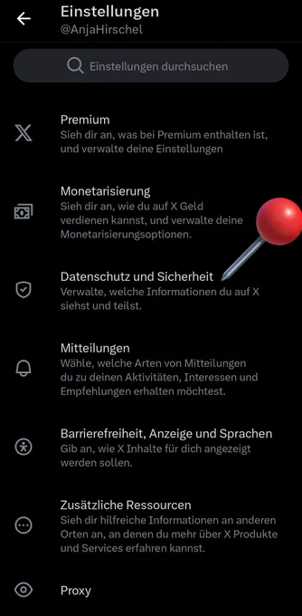 Screenshot der Twitter Einstellung
Eine Markierung zeigt auf den Menüpunkt
Datenschutz und Sicherheit