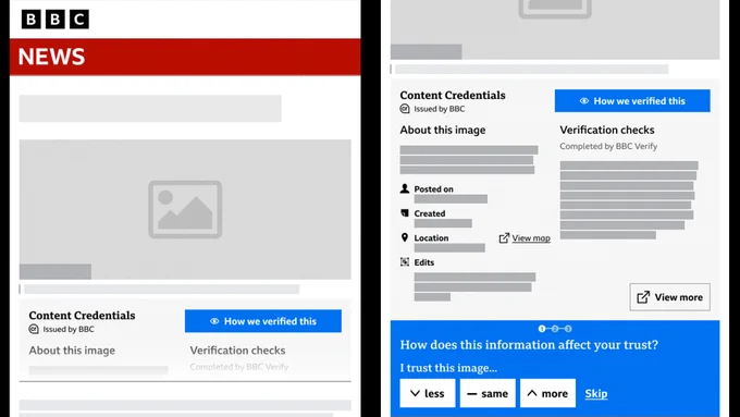 Composite image featuring two screenshot examples of the content credentials feature