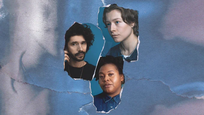 A dusty blue, textured background, with page tears across the background. There are three portraits stacked vertically. Emma D’arcy - a white person with short, brown hair and bright blue eyes. Ben Whishaw – a white man with brown hair looking straight to camera. Kayla Meikle – a woman with brown skin and a denim shirt, looking straight to camera. 