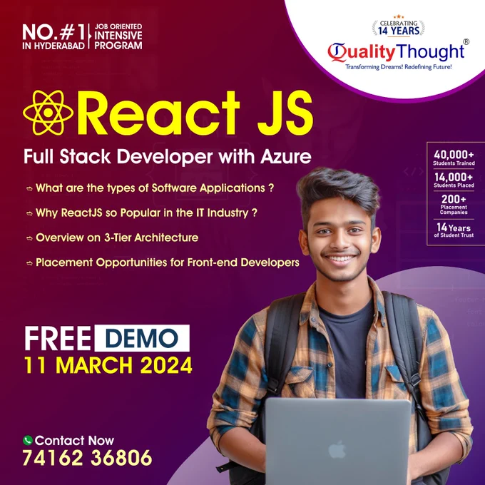 Want to upgrade your career? Join our React JS Full Stack  Developer with Azure....!!
Real-Time Training by Experts with Assistance in Placement
Attend a Free Demo on 11th march 2024.

🌐Register for the Course: https://www.qualitythought.in/registernow
📲 Contact: 74162 36806
📩 Telegram Updates: https://t.me/QTTWorld
📧 Email: info@qualitythought.in
Instagram: https://www.instagram.com/qttechnology/
Twitter: https://twitter.com/QTTWorld
Linkedin: https://in.linkedin.com/company/qttworld
ℹ️ More info: https://www.qualitythought.in/

#reactjs #qualitythoughttechnology #Qtt #SoftwareTestingCourse #testing #reacttraining #reactcourse #trendingnow #trendingcourses #jobs #placements #software 