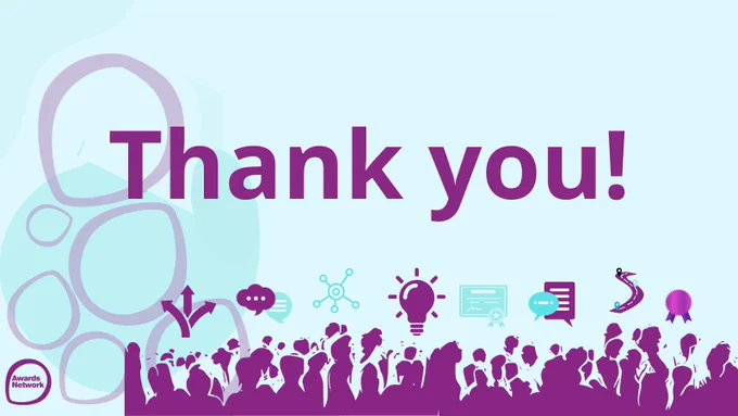 Purple text on a pale blue background reads, 'Thank you!' Below is a graphic design in purple and the Awards Network logo.