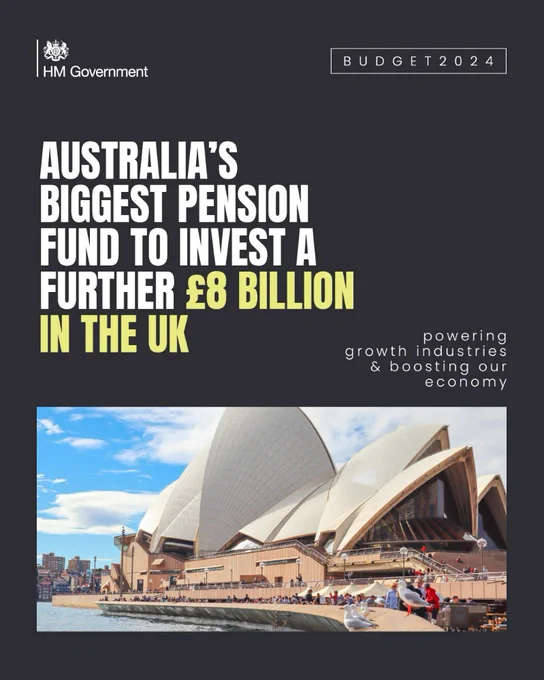 Text: Australia's biggest pension fund to invest a further £8 billion in the UK - Powering growth industries and boosting our economy.

Imagery: A photo of the Sydney Opera House.