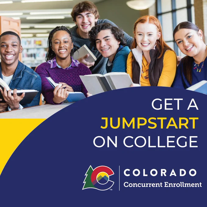 Graphic with photo of four students smiling. Text says "Get a jumpstart on college" and has the Colorado Concurrent Enrollment logo.