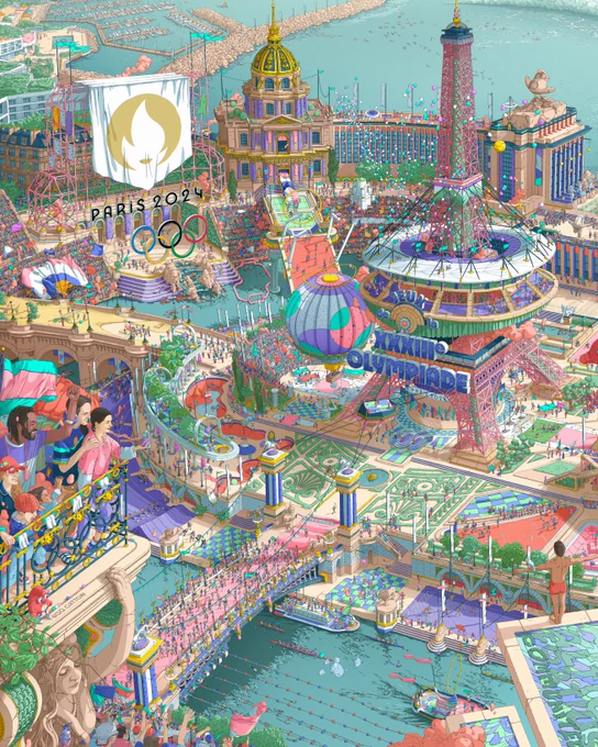 L'image présente une représentation fantasmagorique, très colorée et détaillée de la vision des Jeux Olympiques et Paralympiques de Paris 2024. Elle regorge d’activités 
festives et de bâtiments parisiens réinterprétés. Au premier plan, on y trouve un plongeur, debout sur un plongeoir coloré, qui ouvre les bras vers le reste de l’affiche, représentant Paris comme une ville stade. Il y a des foules de personnes partout, qui se mêlent à des athlètes pratiquant leurs sports et para sports. On peut voir la Tour Eiffel, au centre, coloré en rose, avec un drapeau décoré des anneaux olympiques, en son sommet.