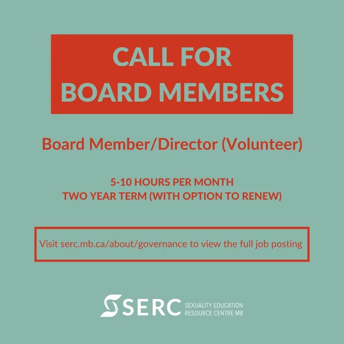 Red text over green background. 

Call for Board Members 

Board Member/Director (Volunteer)

5-10 hours per month
Two year termm (with option to renew) 

Visit SERC.MB.CA/About/Governance to view full job posting. 

SERC logo 