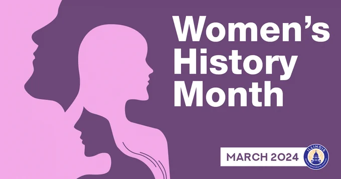 Purple silhouettes of three female faces. Women's History Month. March 2024.
